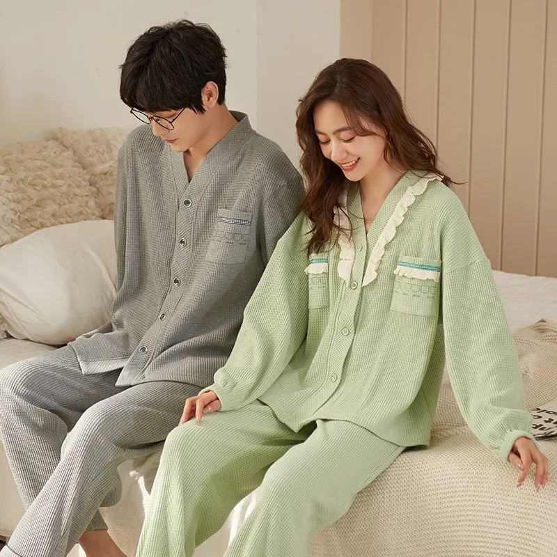 Autumn Couple Pijamas Set For Men Women Cotton Kimono Homewear Man Pjs Female Pijamas Suit Pyjamas Home Clothes Drop Ship