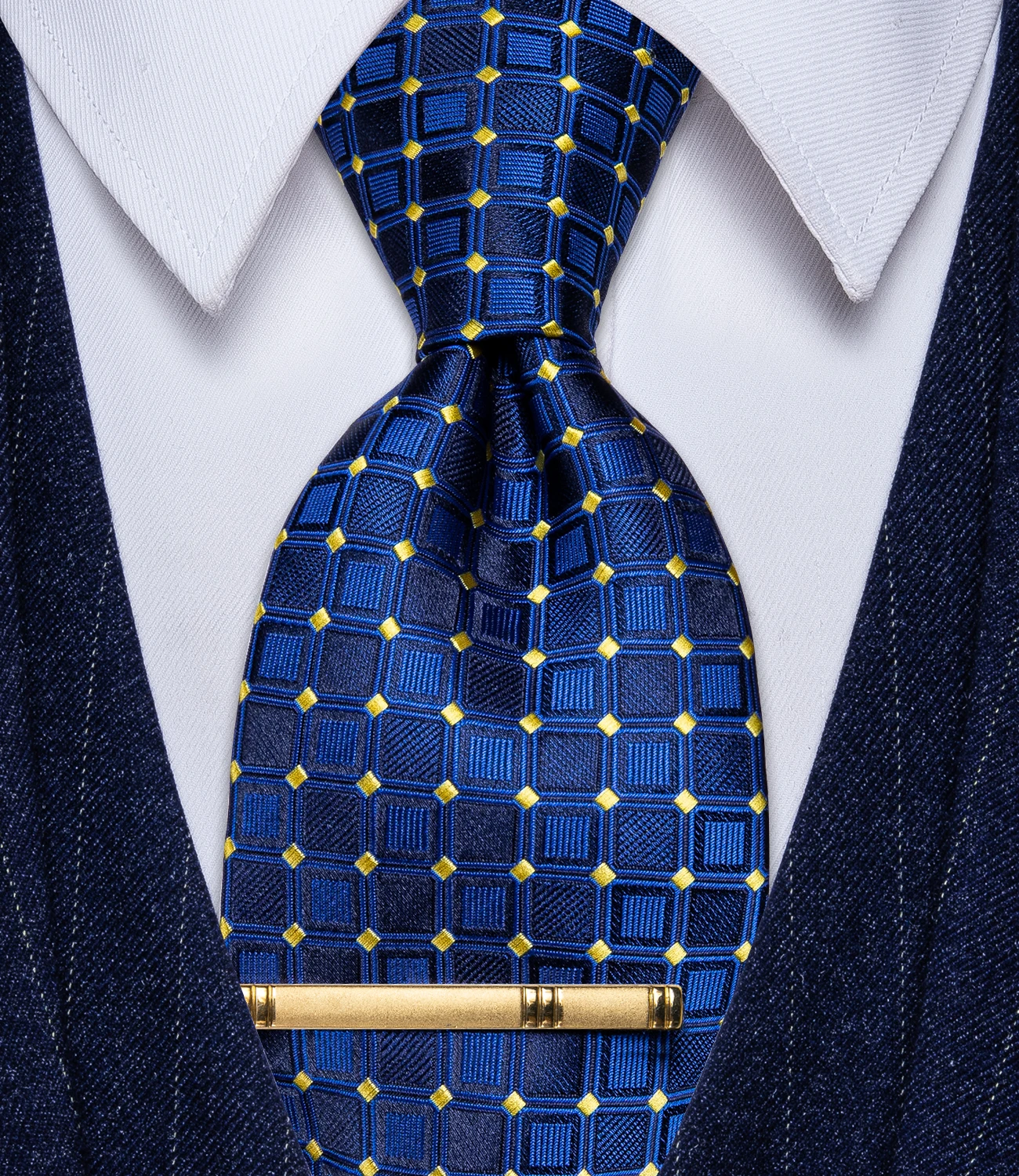 

Retro Blue Plaid with Yellow Dots Men's Tie for Man Wedding Party Business Suit Accessories Classic Necktie with Clip Set Gift