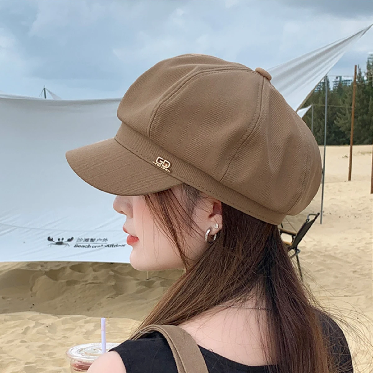 New women\'s thin section cap Elegant art style duck tongue hat pure color versatile octagonal cap literary newspaper boy hat