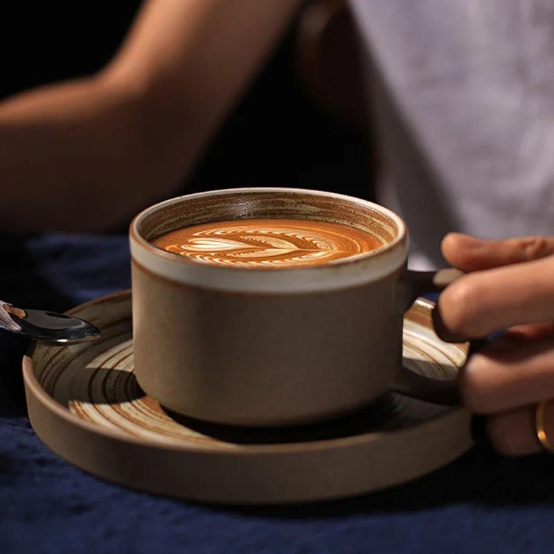 Rustic Cup Saucer Set High Aesthetic European Style Ceramic Latte Art Cup Simple Retro Coffee And Breakfast Cafe Mug