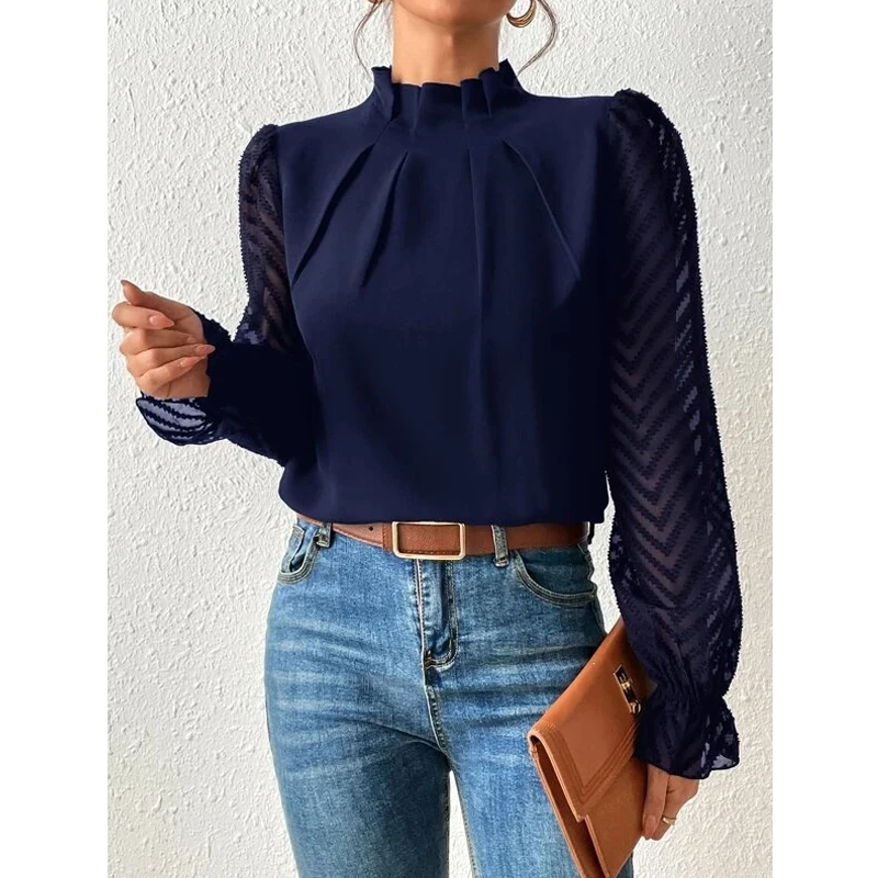 Autumn Winter Women Half High Collar Ruffled Blouses Elegant Fashion Office Lady Shirts Sheer Long Sleeve Loose Tops Solid Blusa