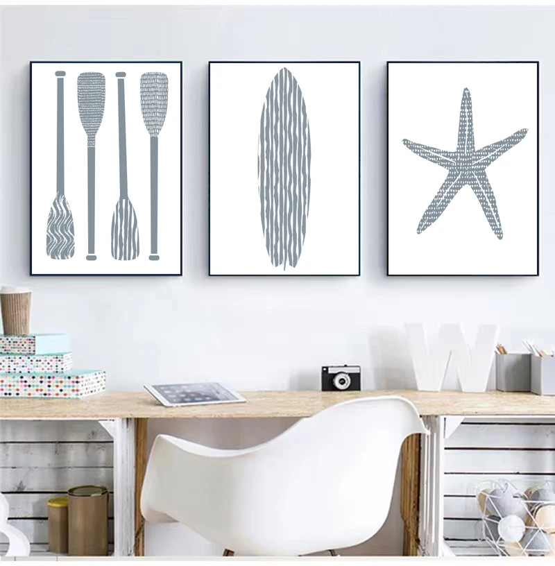 Blue Watercolor Surfboard Starfish Beach Coastal Nautical Poster Canvas Painting Wall Art Pictures Lake house Home Decor Gift