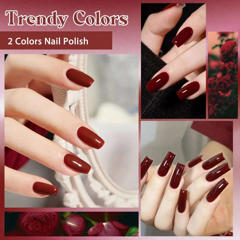 2 szt./zestaw 15ml Czerwono-brązowa szklana butelka Zestaw lakierów do paznokci żelowych NoWipe Top Soak Off UV LED Lakier do paznokci z brokatem Kolorowy lakier do paznokci do zdobienia