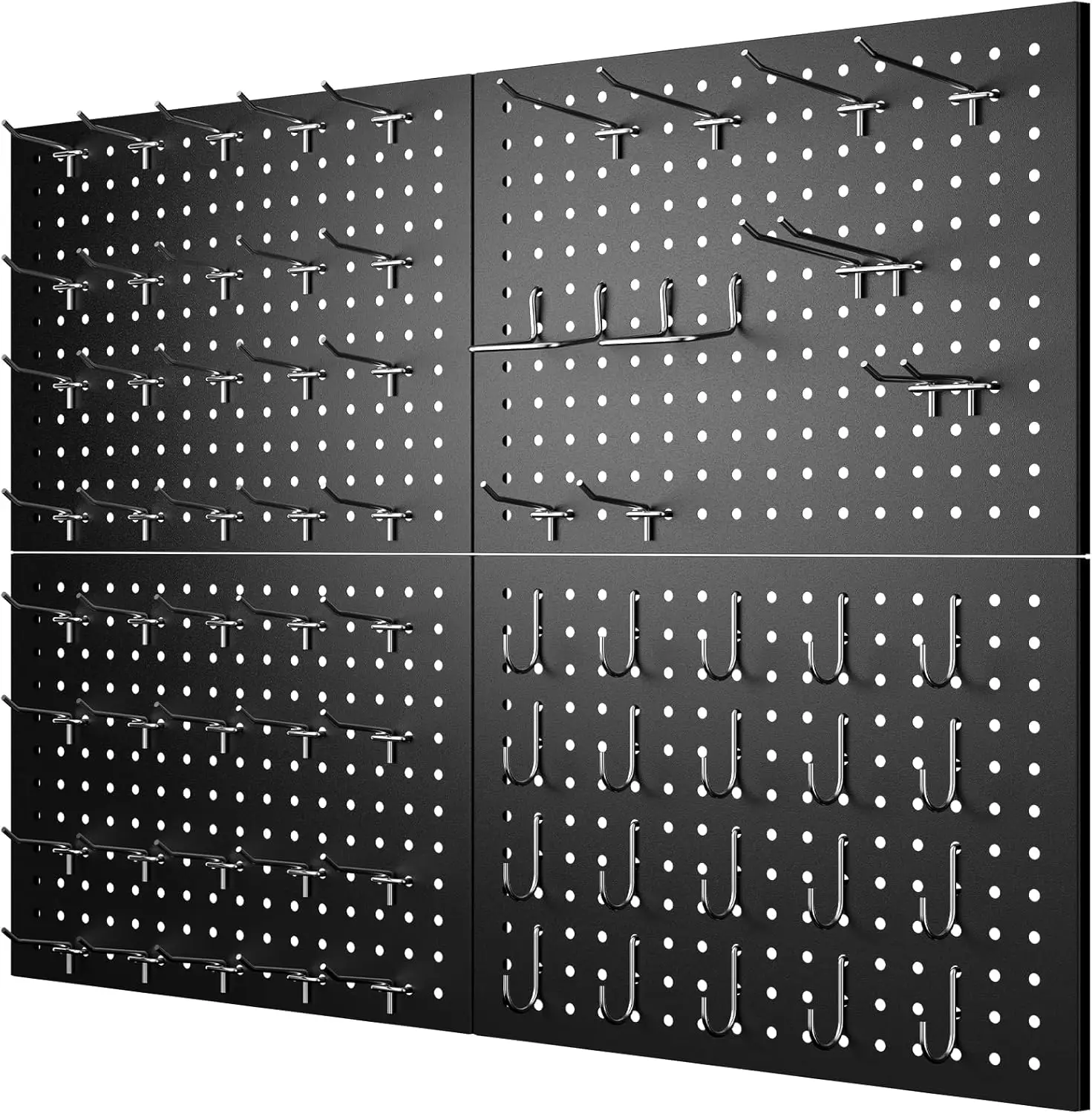 

74PCS Pegboard Wall Organizer, 4 Pack Metal Panels with 70 Hooks, 32" x 24" or 64" x 12" Black for Garage, Workshop