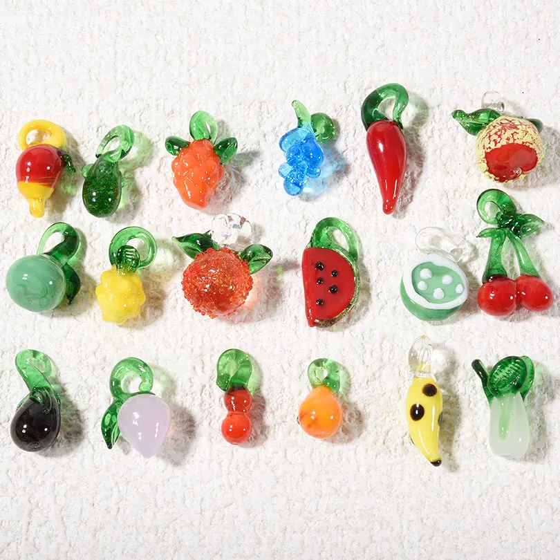 

16pcs/Lot New Glass Fruits Vegetables Chili/Cherry/Cabbage/Watermelon/Peach/Apple/Lemon Charm Pendant Jewelry Accessories Bulk