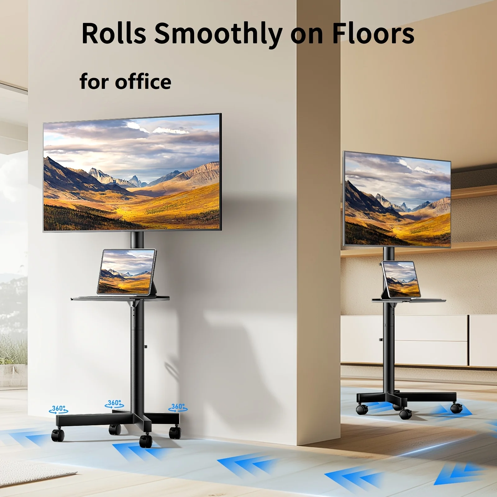Height Adjustable Rolling TV Cart with Lockable Wheels