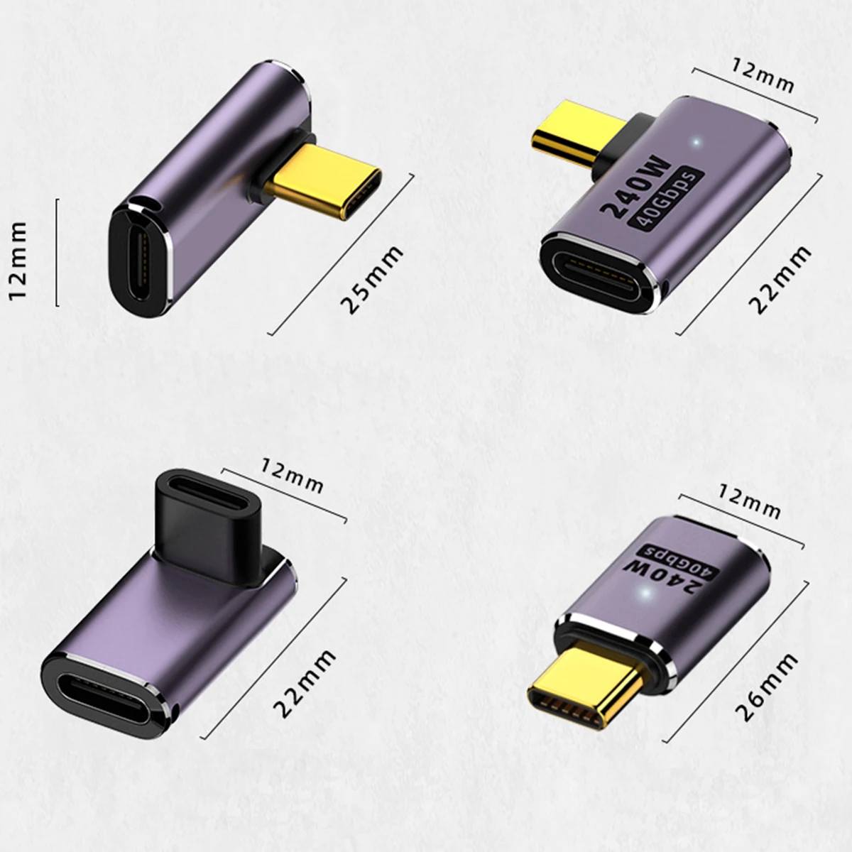 NNBILI 10A Type-C OTG Adapter 240W Fast Charging Data Converter USB4.0 40Gbps Support 8K 60Hz USB C 90/180 Degree Elbow Adapter