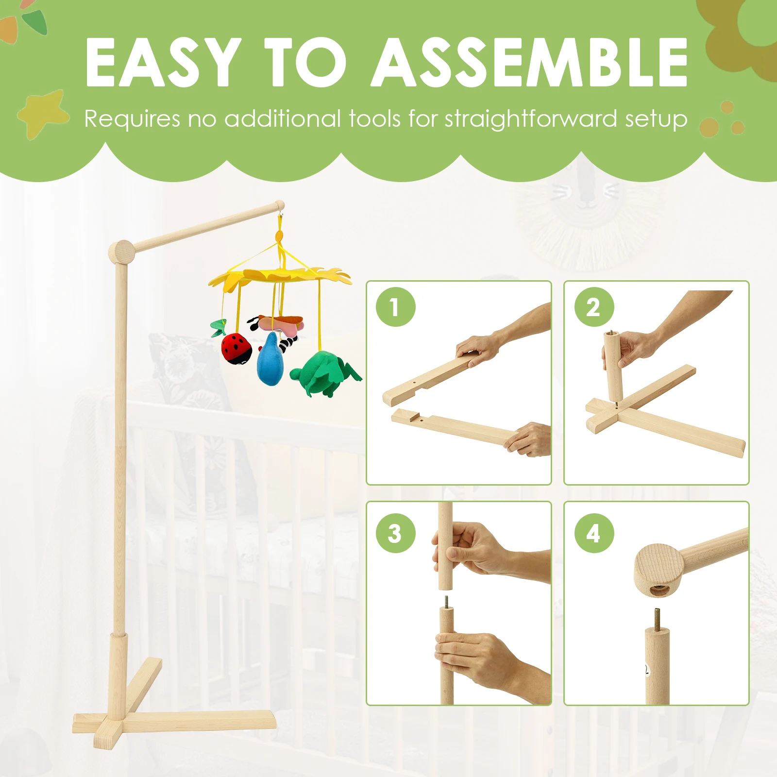 Braccio mobile per culla Supporto in legno da pavimento Appendiabiti mobile per bambini Decorazione per asilo nido per appendere campanelli e giocattoli per lettino