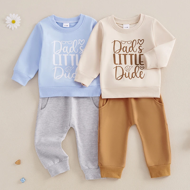 

2024-08-28 Lioraitiin Toddler Boy Gril Fall Outfits Letter Print Long Sleeve Round Neck Sweatshirt with Solid Color Pants Set