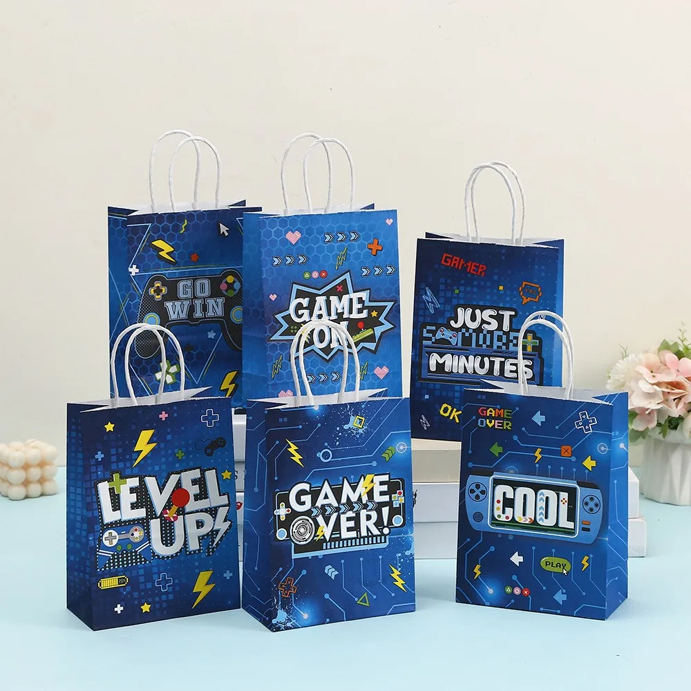 6Pcs Video Game on Paper Gift Packing Bag Game Over Candy Bag Shopping Tote for Boy Game Night Theme Birthday Party Decoration