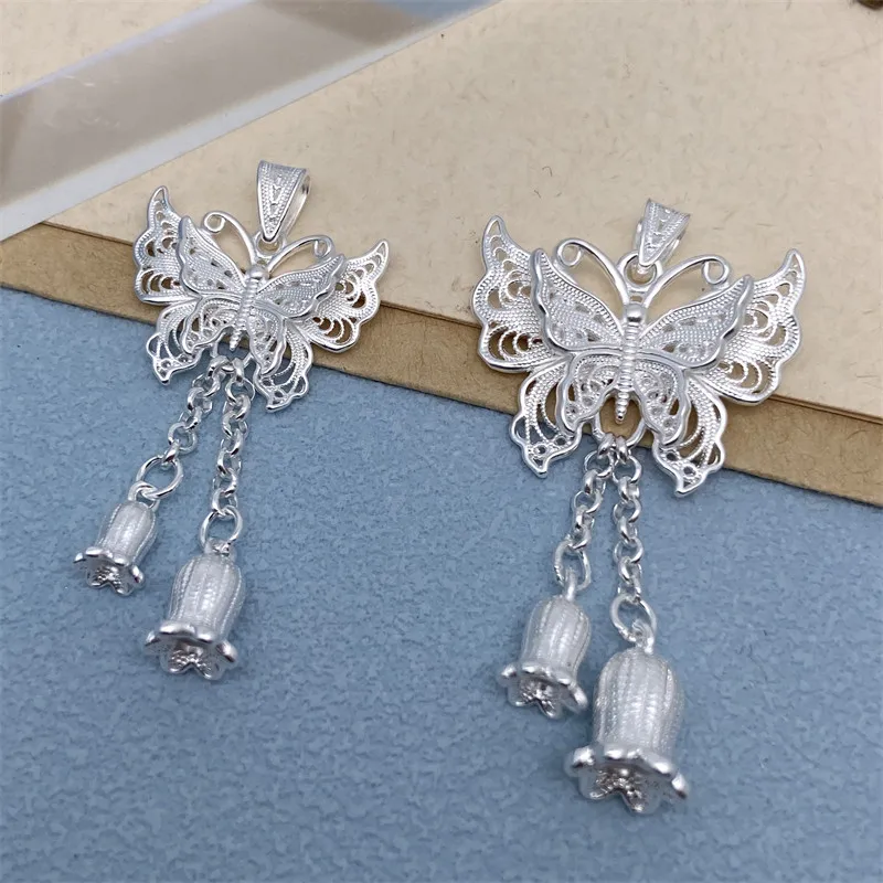 Women's 990 Pure Silver Filigree Tassel Pendant Lily of the Valley Butterfly New Chinese Style Necklace Accessory Charm Chain