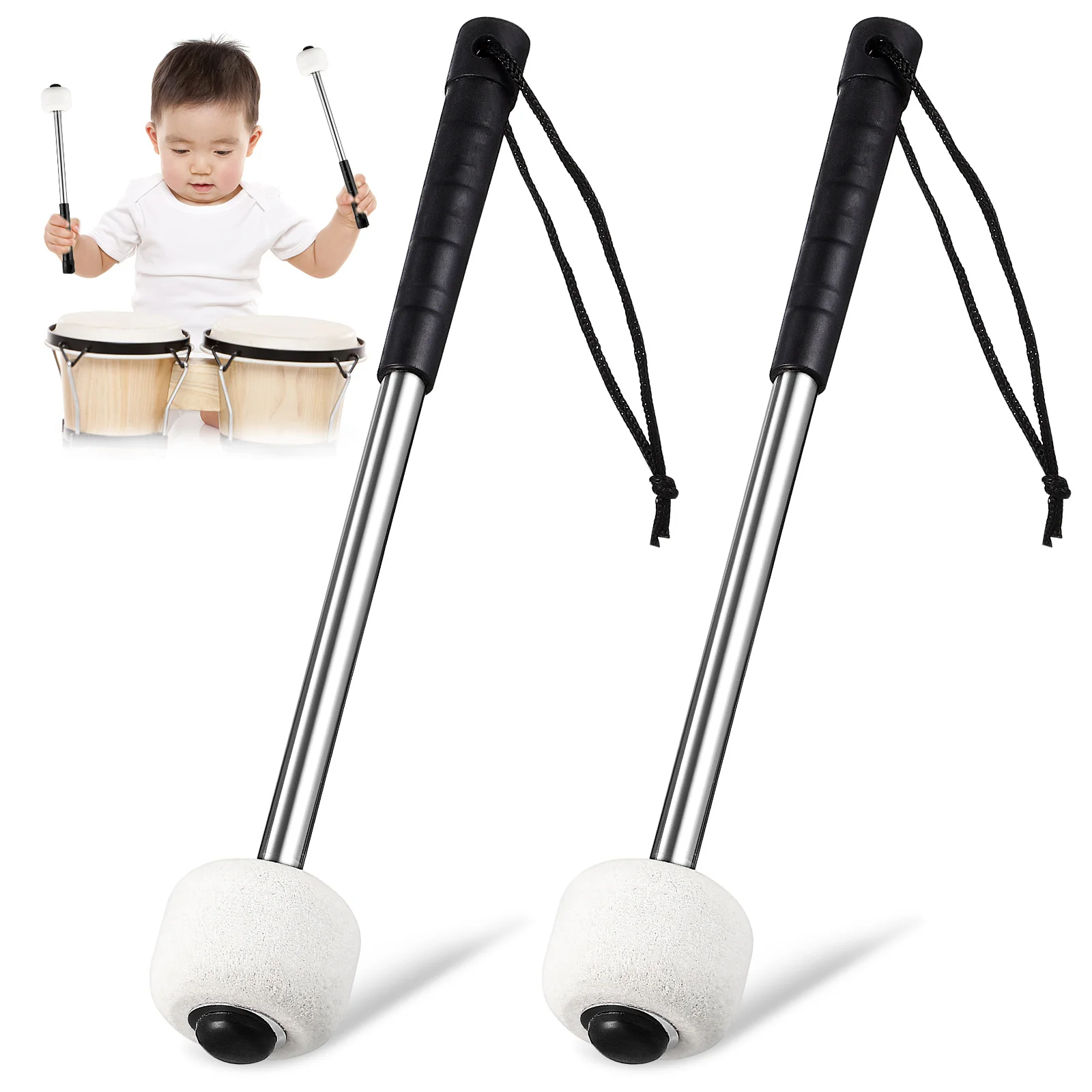 

2 pcs Drumsticks Stainless Steel Handle Wool Felt Head Lightweight Portable Practice Drum Mallets For Adults Percussion