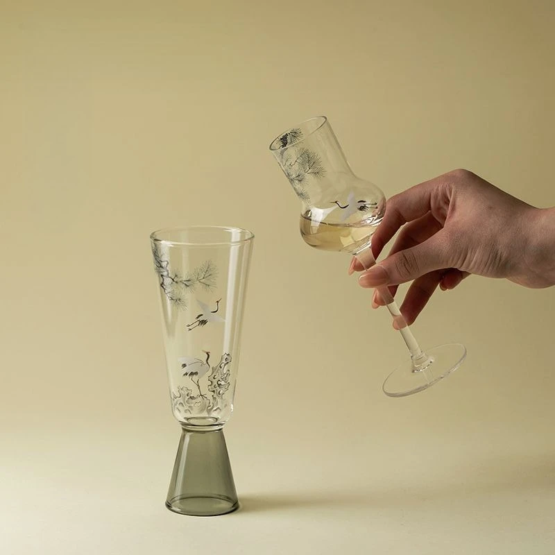 

New Chinese Ink Colored Crane Glass Cup,Creative Exquisite Transparent Tea Cup, Kung Fu Tea Set Single Cups, Party Whiskey Glass