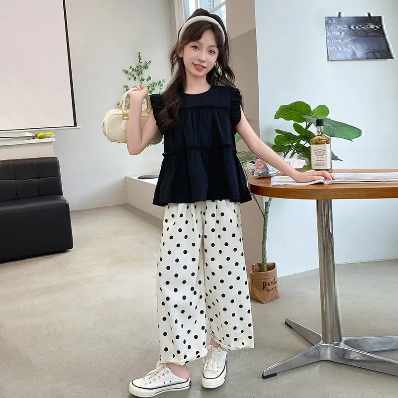 

Summer Clothes for Kids Girls Cute Small Flying Sleeve Top Polka Dot Wide-leg Pants Two-piece Set Children Clothing Suit Outfits