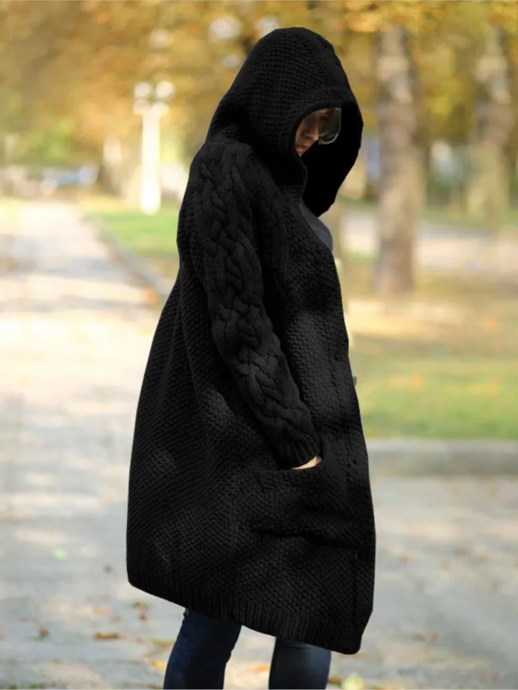 

Fashion Hooded Sweater Coat For Women Casual Solid Long Sleeve Button Knit Sweaters Tops Lady Office Holiday Women's Clothing