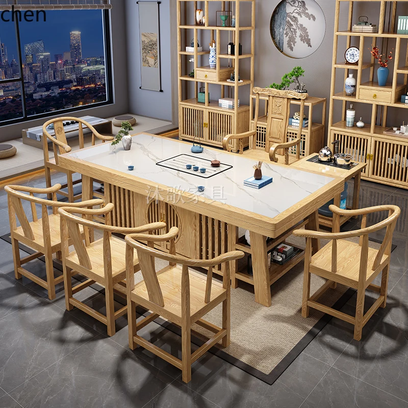 HXL rock slab solid wood large board tea table and chair combination tea set integrated new Chinese office tea table