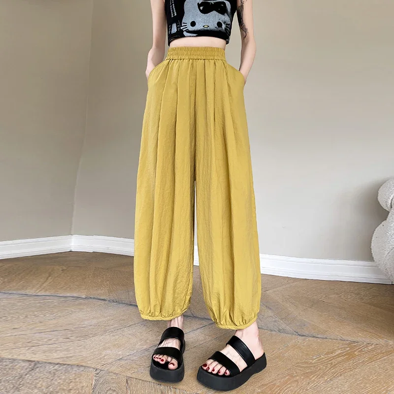 

New Summer Casual Elastic Waist Wide-leg Pants Women Fashion Cotton Linen Loose Bloomers Ladies Leisure Cozy Trousers