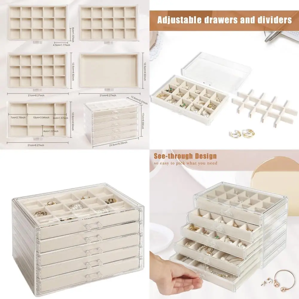 

Acrylic 5-Drawer Jewelry Organizer for Women & Girls - Earring, Ring Holder with Warm White Display Storage