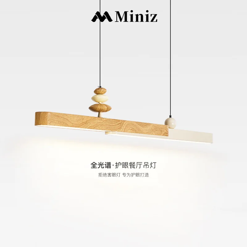 

Eye-Protecting French Minimalist Wooden Grain Pendant Light for Dining Room Bar Table with Creamy Rustic Wood Style Linear