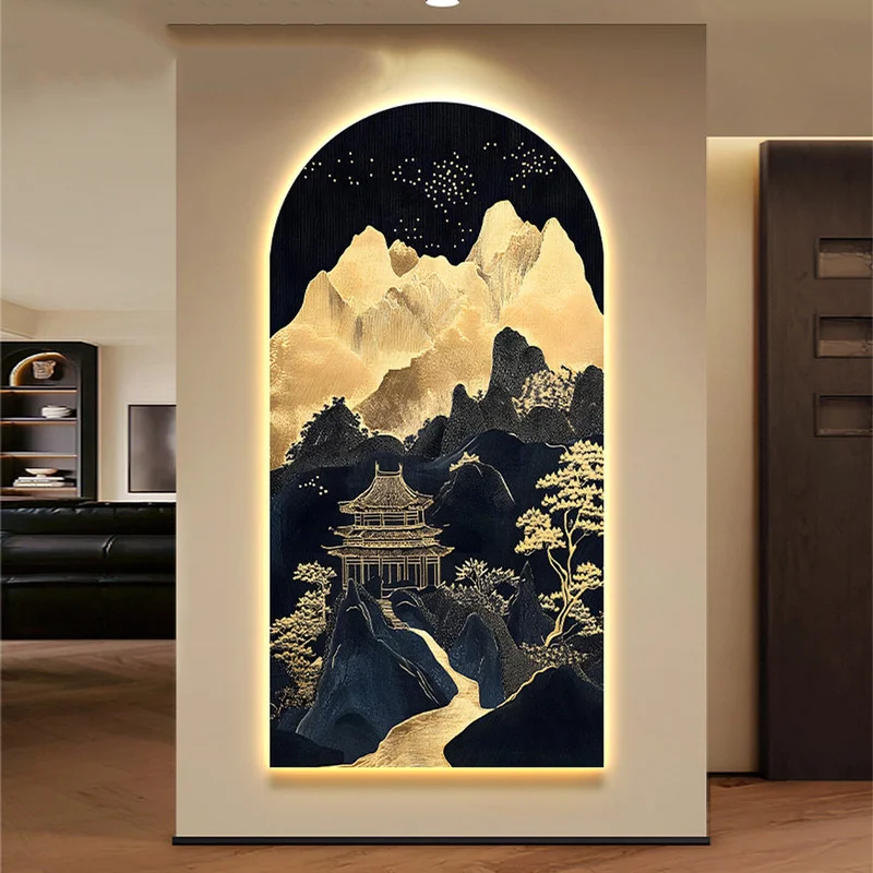 New Chinese Style Entrance Decoration Painting LED Light Corridor Hanging Painting Antique Atyle Retro Landscape Mural Light