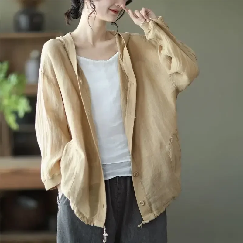 Jacket Spring and Summer Women's Clothing Cotton and Linen Hooded Coat Sun Shirt Linen Cardigan Thin Retro Korean Autumn Cloths