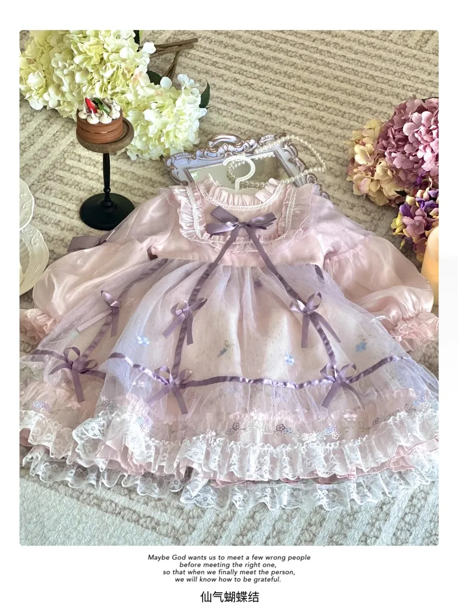 2024 New Lolita Girls Party Dress Summer Pink Elegant Princess Dress Kids Bow Lace Birthday Party Tulle Ball Gown Clothes 3-10Y