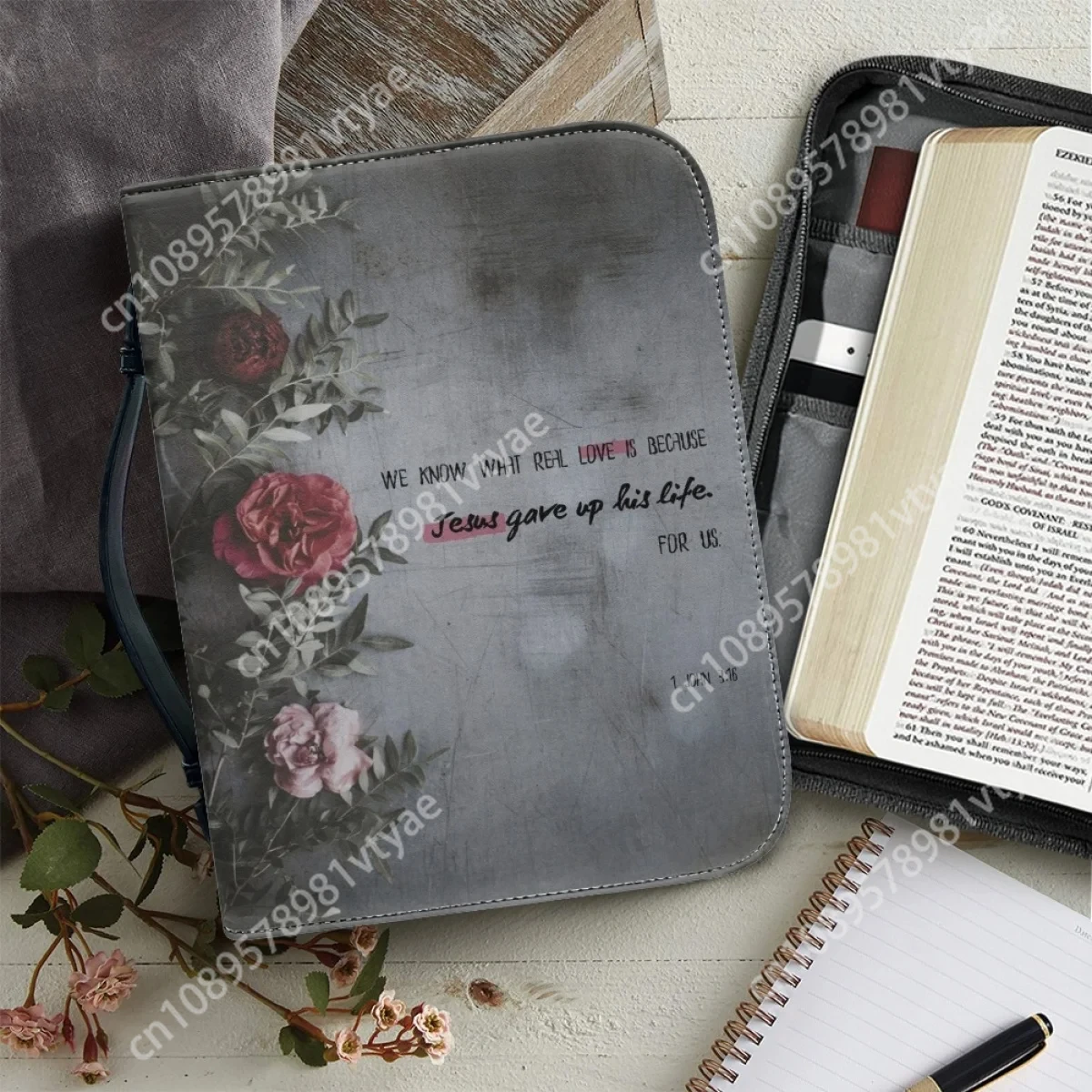 

Bible Golden Sentence Verses Print Bible Carrying Case for Women Handbags Leather Zippered Handle Study Book Holy Storage Boxes