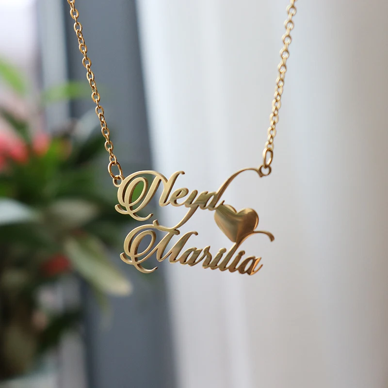Personalized Two Name Necklaces With Heart Stainless Steel Custom Letter Couple Necklace Choker Stainless Steel Wedding Gift