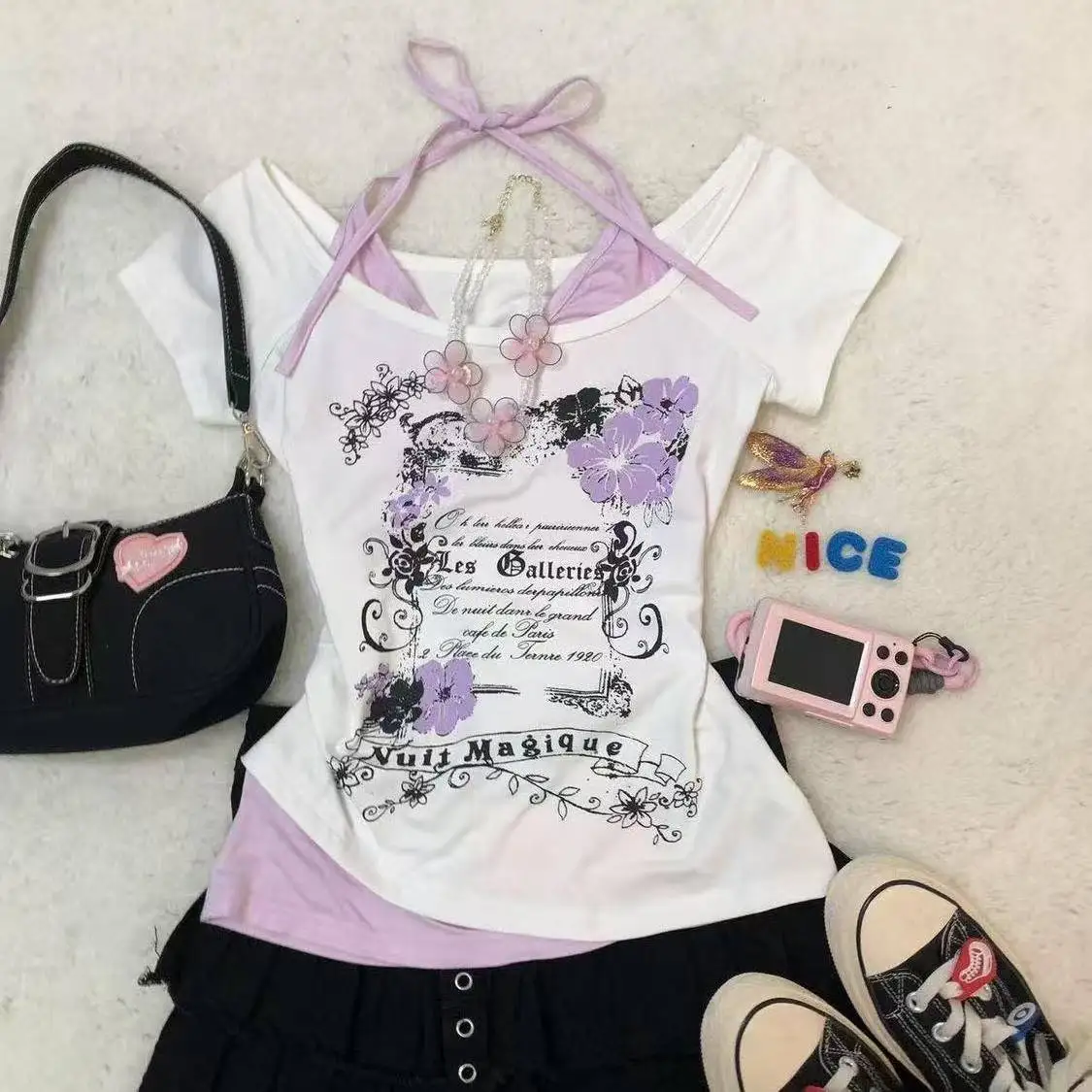 Summer Fake Two Pieces Halter Bandage Vintage T-shirts Y2k Aesthetic Slim Crop Tops Women Grunge Print Harajuku Casual Sexy Tee