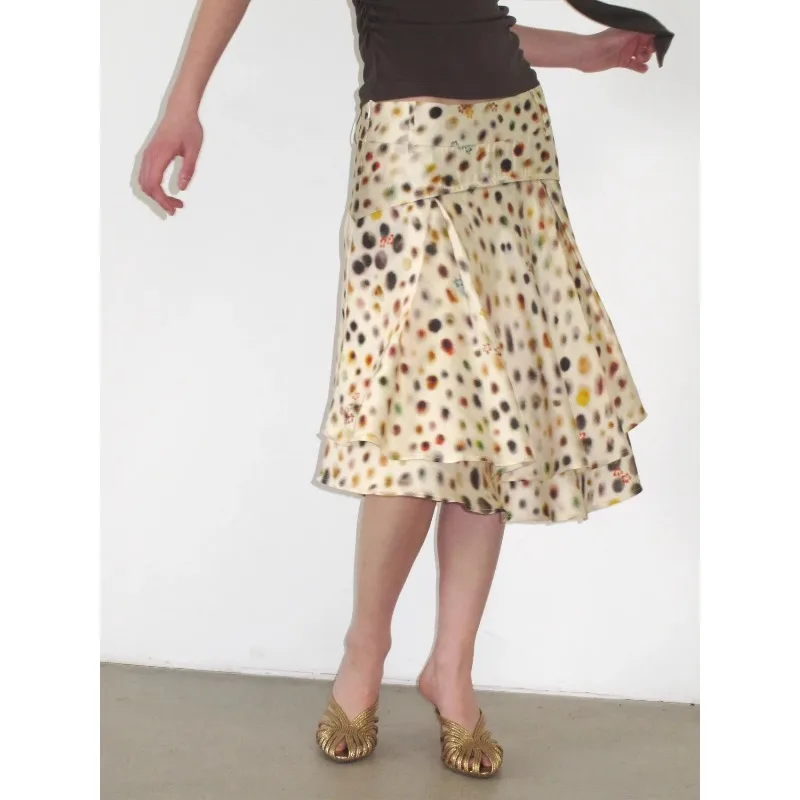 Womens Beige Multi Color Polka Dot Double Layer Ruffled Midi Skirt