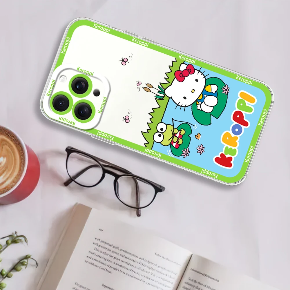 MINISO Cute K-Keroppi Phone Case for iPhone 12 11 13 14 15 16 Max Pro Plus Transparent Bezel Shell