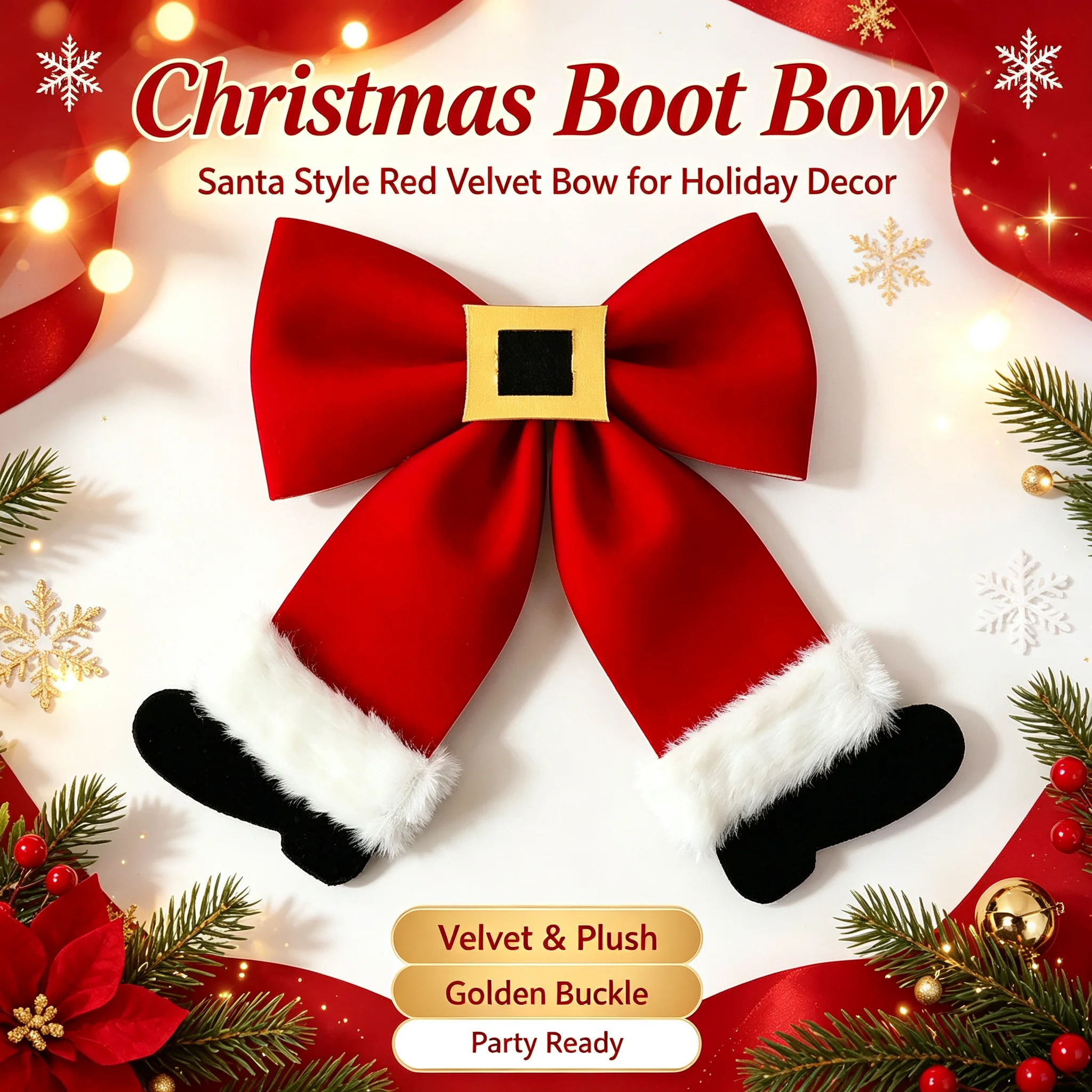 Adornos navideños con forma de bota de Papá Noel y lazo, lazo decorativo de terciopelo rojo, accesorios para decorar el árbol de Navidad, la corona navideña y el hogar durante las fiestas.