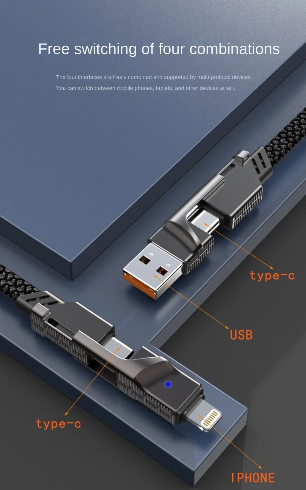 100W Super Fast Charging Four-in-one Charging Cable, One to Four Braided Data Cable, Suitable for Apple and Huawei PD Fast Charg