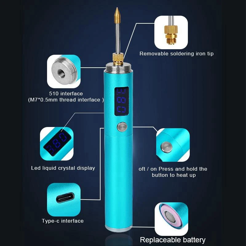 Rechargeable Soldering Iron Portable Removable Battery With LED Display USB Fast Heat