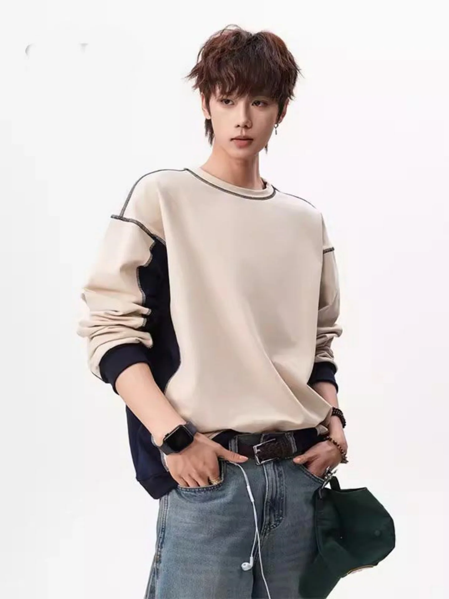 

Мужская толстовка American Style с круглым вырезом, весенняя, модная, с цветными вставками, повседневная, с длинным рукавом, свободного кроя, универсальная