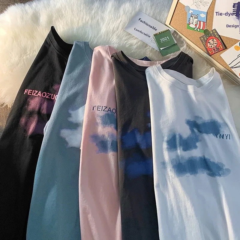 ブラック アメリカン ストリート スタイル レディース Tシャツ ルーズ 夏 五分袖 トップス ファッショナブルな多用途 カップルの着用 コットン ラウンドネック プリント