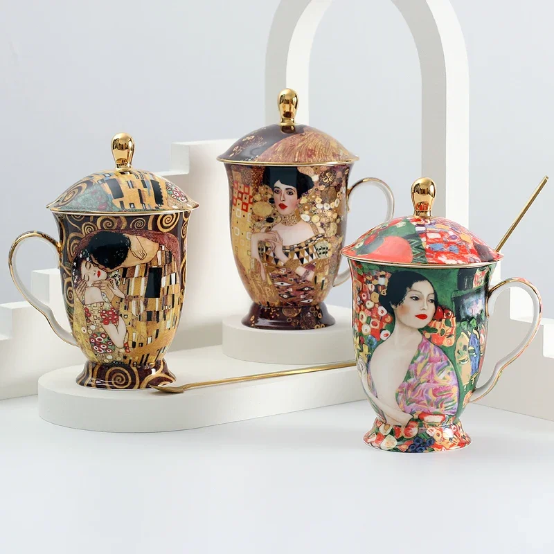 Bone China Coffee Mug with lid and spoon Antient Klimt painting Porcelain Tea cups with lid Wedding Birthday Gift