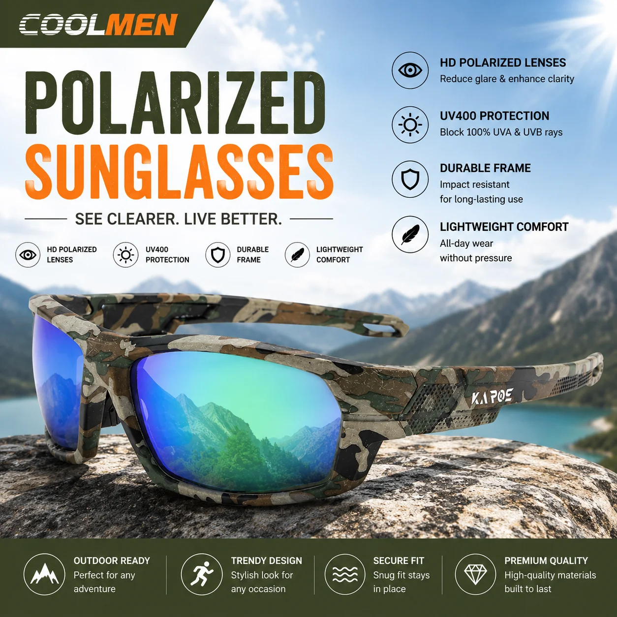 

COOLMEN Polarized UV400 Sunglasses for Fishing Hiking Cycling Running Outdoor Sports Men Women Lightweight PC Frame Eyewear