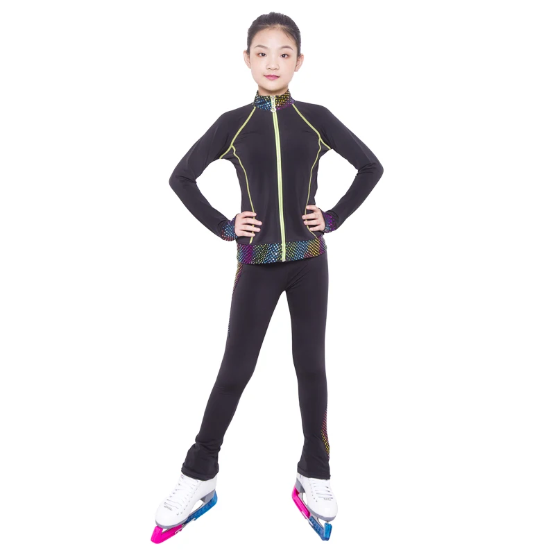 Traje de patinaje sobre hielo para niña y mujer, chaqueta, pantalones, mallas, ropa de entrenamiento, Top elástico de baile