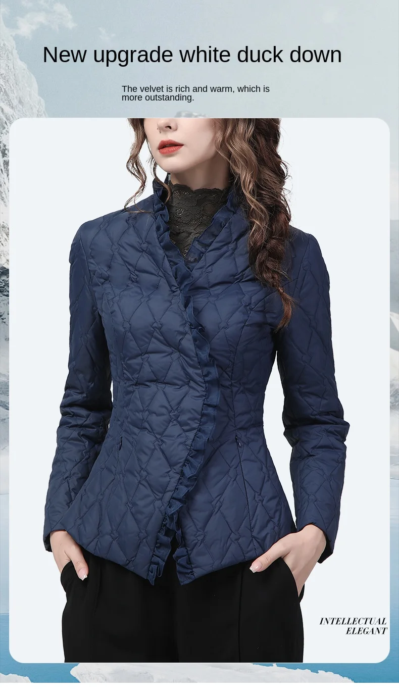 Elegant Ruffles Women\' Winter Down Jacket Elegant Slim Short Blue Down Coat Warm Lightly White Duck Down Office Casual Jackets