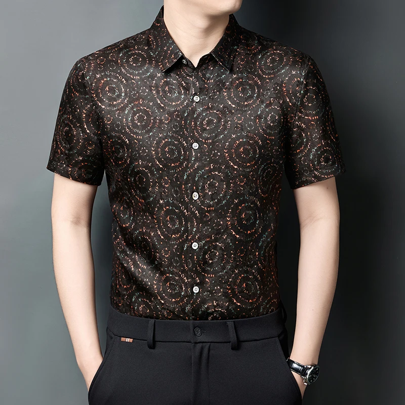 

HT8206 Gambiered Canton Gauze Shirts For Men Short Sleeve Luxury Summer Coolness Silk 100% Quality Comfortable Camisas De Hombre
