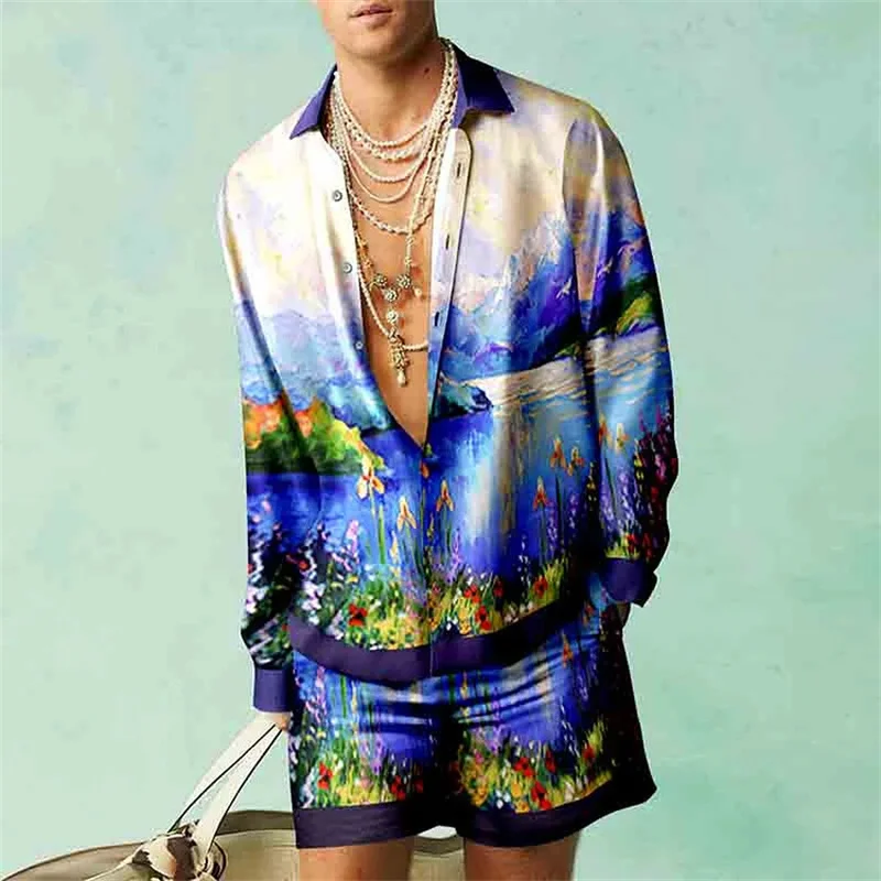 Men\'s minimalist printed two-piece long sleeved summer beach style shirt set New Men\'s fashionable shorts and quick drying shirt