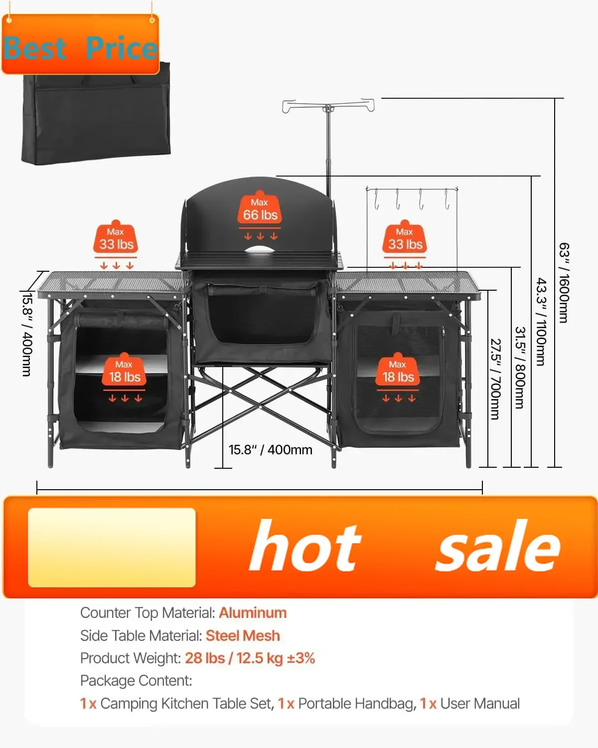 

Бестселлер: Походный кухонный стол для кемпинга, алюминиевая портативная станция для приготовления пищи на открытом воздухе с 3 отсеками для хранения и сумкой для переноски D