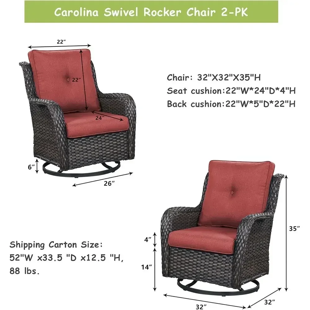 2-Piece Swivel Rattan Rocking Chair Set for Outdoor Patio, Deck, Garden, Backyard (Brown/Red)