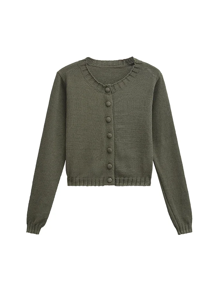 

Willshela Women Fashion Green Single Breasted Knitted Sweater Vintage O-Neck Long Sleeves Female Chic Lady Outfits