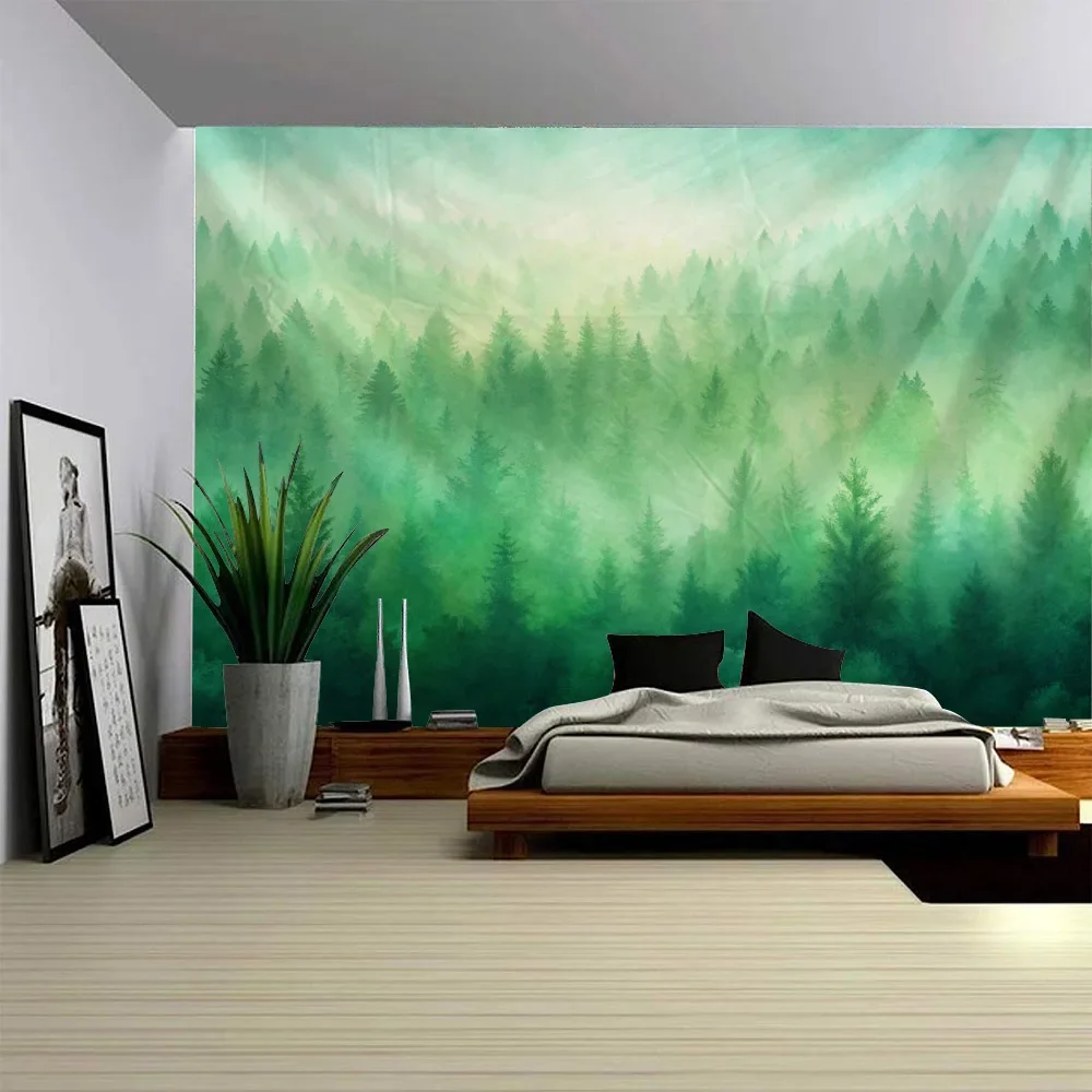 Bohemian Misty Forest Tapestry Wall Hanging Cloth Sunshine Sky Landscape Background Poster for Living Room And Bedroom Decoratio