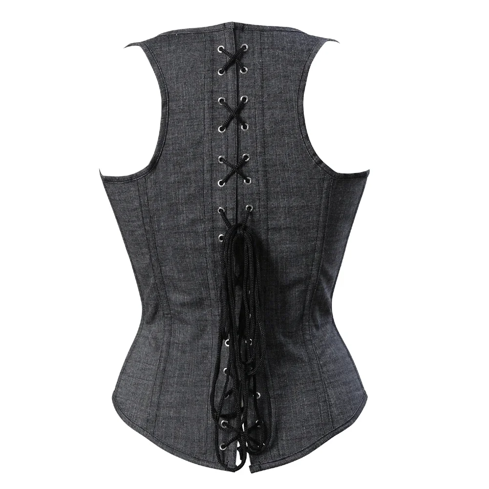 Gray Denim Underbust Waist Cincher Corset Bustier Vest Top with Shoulder Straps Women Body Shaper