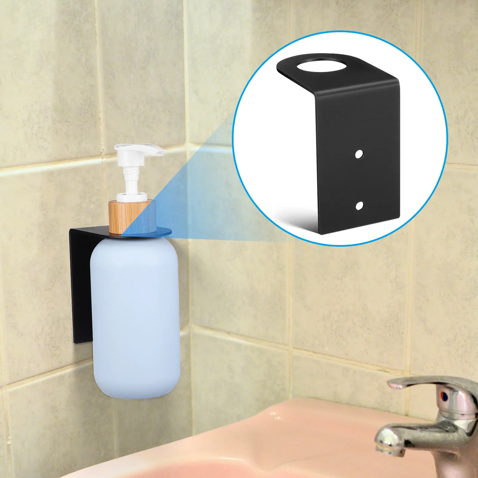 

Stainless Steel Bathroom Soap Dispenser Holder Wall Mounted Shampoo Lotion Bottle Rack Storage Stand Black Soap Bottle Holder
