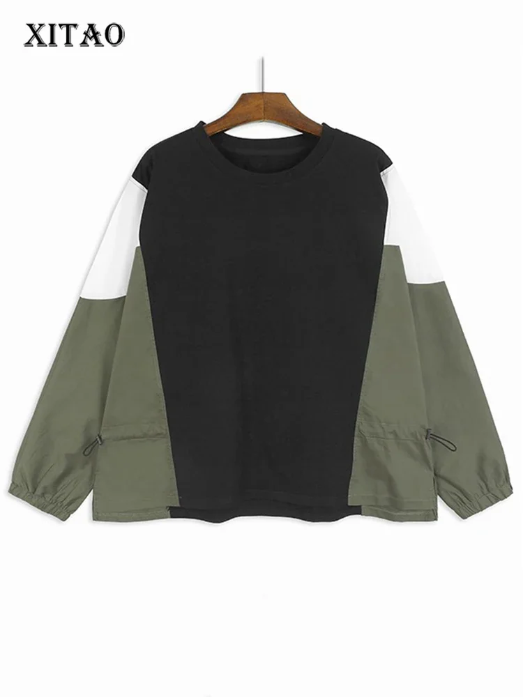 

XITAO Contrast Color Patchwork Female T-shirts Casual Loose Drawstring Slimming Women Autumn New Trend Long Sleeve Top HQQ2402