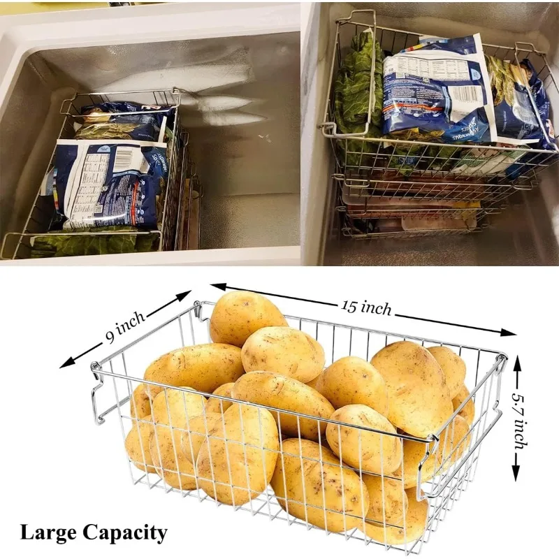Stackable Chest Freezer Baskets Organizer Bins, Metal Wire Baskets Pantry Organizer Produce Baskets With Tag Slot For Sn